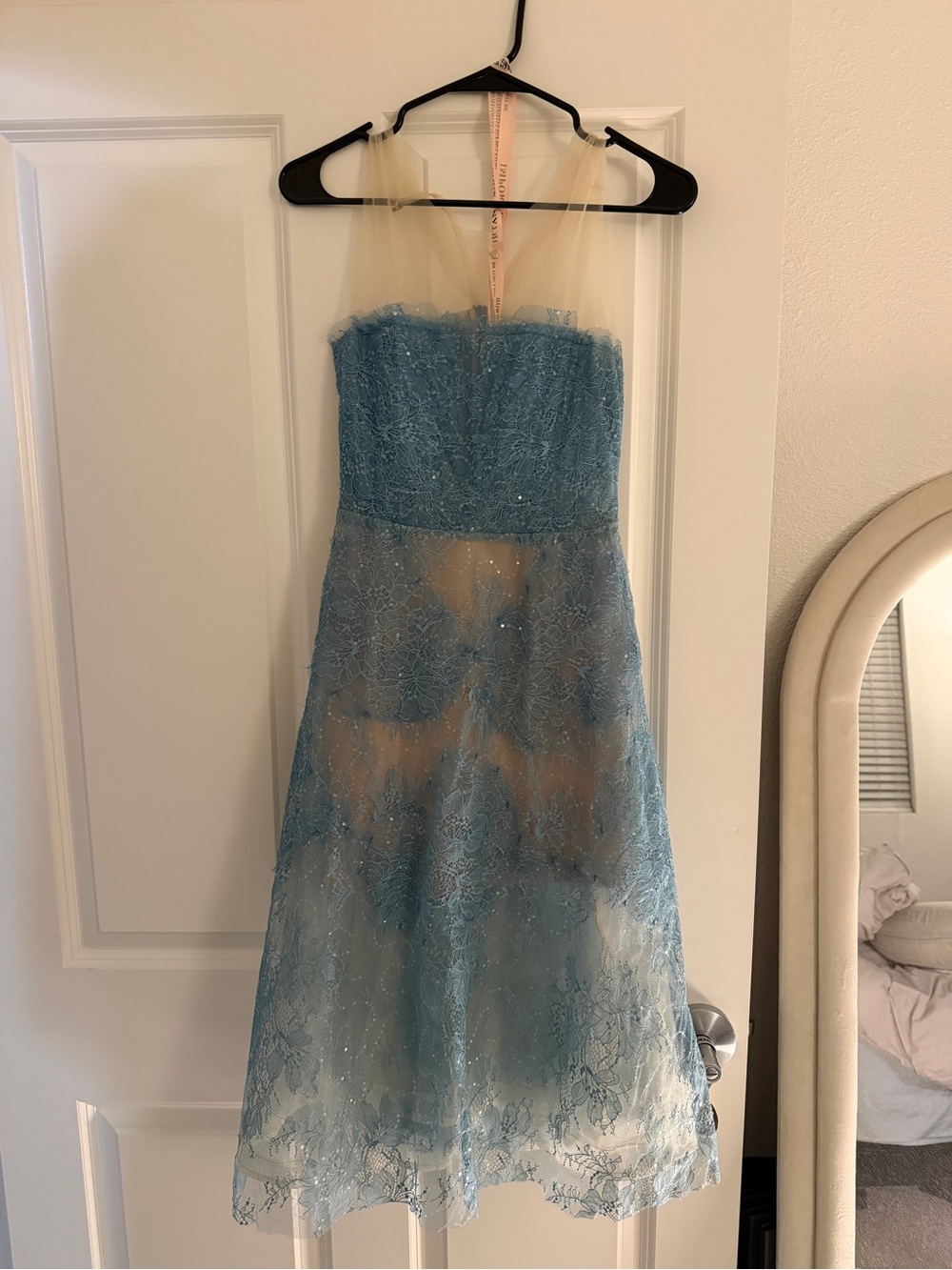 Strapless Light Blue Lace Cocktail Dress